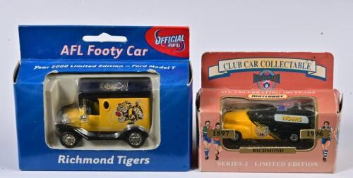 RICHMOND TIGERS: Two 1:64 scale AFL Footy Car Ford Model T Richmond Tigers and Holden FJ Van, in fitted box