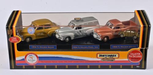 OLYMPIC GAMES: A limited edition set of three 1:43 scale Matchbox Olympic games 1956-2000 commemorative set, Holden 1956 FJ Sedan, Panel Van, Utility, with collector pin enclosed, in fitted box