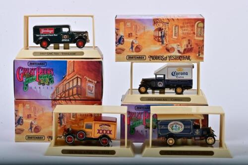 COMMERCIAL VEHICLES: Four 1:60 scale Matchbox COMMERCIAL Vehicles including 1930 Ford Model A Van 'XXXX'/1932 Ford AA 'Corona'/1926 Ford TT Van 'Anchor'/1937 GMC Van 'Steinlager', Models of YesterYear, YGB01/YGB16/YGB13/YGB08, in double fitted box