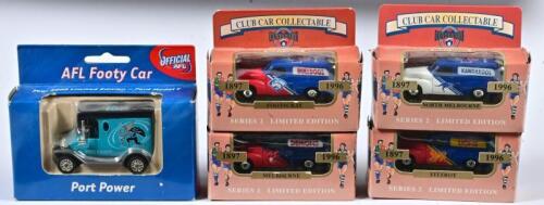 AFL FOOTY CAR: Five miniature AFL Footy car's Matchbox including Lions/Bulldogs/Kangaroos/Demons/Port Power, in fitted box