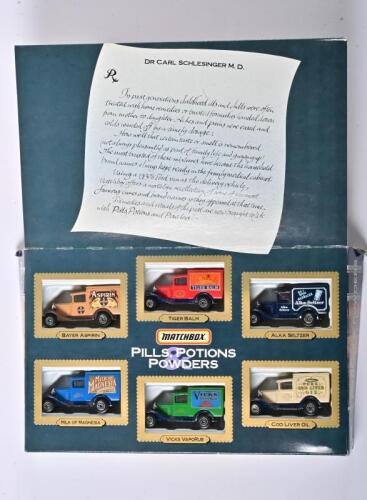 COMMERCIAL VEHICLES: A set of six 1:58 scale Matchbox Ford Van 1979, Matchbox collection famous Pills, Potions & Powders including: Bayer Aspirin, Tiger Balm, Alka Seltzer, Milk of Magnesia, Vicks VapoRub, Cod Liver Oil, presented in a display box
