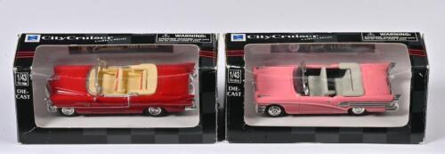 CADILLAC: Two 1:43 scale CityCruiser Cadillac 1955 Eldorado, red and Buick 1958, pink, in fitted box