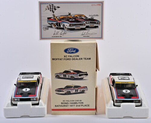MOFFAT FORD DEALER TEAM: A set of two limited edition 1:18 scale Biante Ford Falcon XC as raced by Moffat/Ickx with car #1 and Bond/Hamilton with car #2 in the 1977 Bathurst, with COA signed by Moffat/Bond numbered 1876/7712, car #1 roof signed by Moffat,
