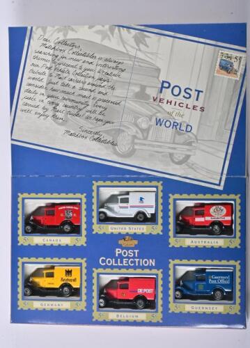 COMMERCIAL VEHICLES: A limited edition gift set of six 1:58 scale Matchbox Ford Van 1979, Matchbox collection presenting six countries Postal vehicles including: Canada, United States, Australia, Germany, Belgium & Guernsey, presented in a display box wit