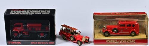 FIRE BRIGADE: Three miniature cars Trux/Matchbox Fire Brigade including Late 40's Chevrolet Blitz Wagon/ 1933 Cadillac/ Rolls Royce, in fitted box except one