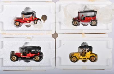 COLLECTIBLES: Four 1:43 scale Matchbox Collectibles circa 1910's as 1909 Opel Coupe/1911 Maxwell Roadster/1911 Ford Model T/1912 Simplex, with COA's, in fitted box