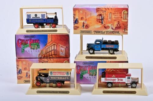 COMMERCIAL VEHICLES: Four 1:60 scale Matchbox COMMERCIAL Vehicles including 1917 Yorkshire Steam Wagon/1922 Foden Steam Wagon/1932 Mercedes Benz L5/1939 BedFord Stake Bed Truck, Models of YesterYear, YGB12/YGB11/YGB17/YGB24, in double fitted box