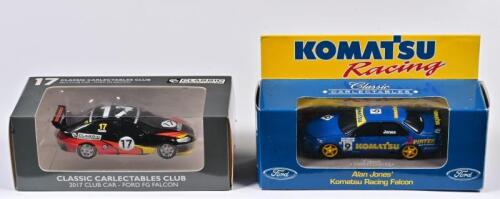 FALCON: A two 1:43 scale Classic Carlectables Ford FG Falcon in 2017 Club Car, #17 and Falcon as race by Alan Jones, #9, in fitted box