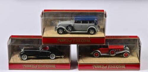 MERCEDES BENZ: Three 1:45 scale Matchbox Mercedes Benz including 1928 MB SS/ 1938 MB 540K/ 1931 MB 770, Models of Yesteryear, Y16/Y20/Y40, in fitted box