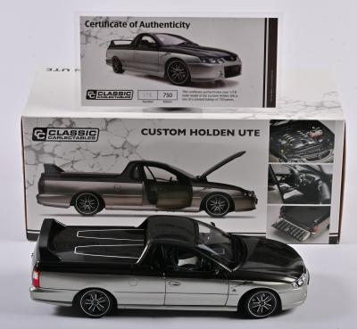 HOLDEN: A limited edition 1:18 scale Classic Carlectables Holden Custom Ute, with COA numbered 176/750, in double fitted box