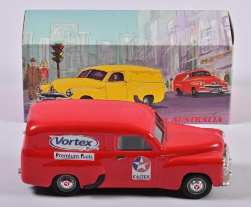 HOLDEN FJ: A 1:25 scale Mint and Boxed Collectible Models Holden FJ Van red, Vortex livery glued it by owner, in fitted box