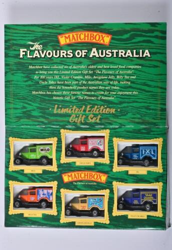 COMMERCIAL VEHICLES: A limited edition gift set of six 1:58 scale Matchbox collection Ford Model A, The Flavours of Australia presenting six different coloured vans each bearing logo of an Australian food product, Milo (green)/Uncle Toby's (red)/IXL (blue