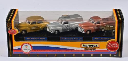 OLYMPIC GAMES: A limited edition set of three 1:43 scale Matchbox Olympic games 1956-2000 commemorative set, Holden 1956 FJ Sedan, Panel Van, Utility, with collector pin enclosed, in fitted box