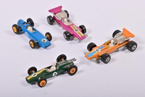 FORMULA 1: Four Micro Matchbox Superfast Formula 1 as B.R.M blue/Lotus green/Superfast No 34 orange/Superfast No 34 purple, Lesney, Made in England