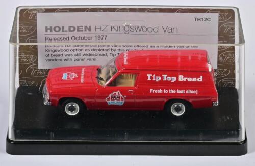 KINGSWOOD: A 1:43 scale Trax Holden HZ Kingswood Van 1977, red 'Tip Top Bread', TR12C, in perspex case