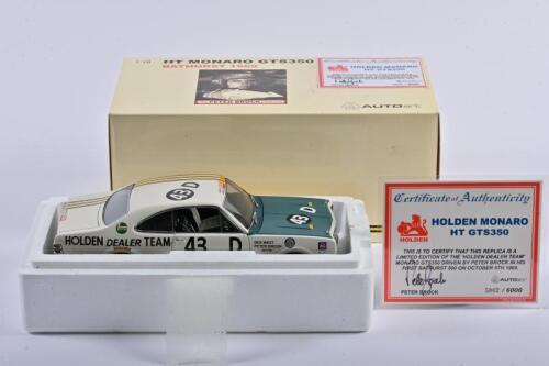 MONARO: A limited edition 1:18 scale Autoart Holden Monaro HT GTS 350 as raced by Brock/West in 1969 Bathurst, #43D, car finished 3rd in the race,with signed COA by Brock numbered 5002/6000, missing right rear view mirror, in fitted box