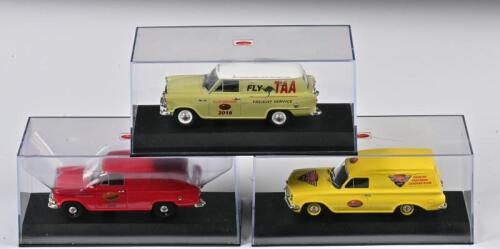 HOLDEN: Three 1:43 scale Trax Holden Utility as a Royal Mail 2019, Fly TAA 2018, Penrith Panthers Club 2015, in fitted box
