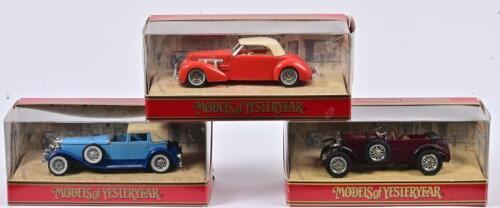 MODELS OF YESTERYEAR: Three 1:35 approx scale Matchbox including 1937 Cord 812/ 1930 Supercharged Bentley/ 1930 Duesenberg Model J, Models of Yesteryear, Y18/Y2C/Y4, in fitted box