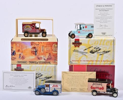 FORD: Four 1:40 scale Matchbox Ford Vehicles including 1912 Ford Model T 'Kirin' ref YGB14/1912 Ford Model T American Ambulance ref YYM38057/ Ford Model TT Jack Daniels ref YY039/ 1932 Ford A 'Pepsi' ref YY21A , in double fitted box
