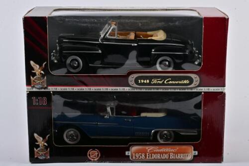 CONVERTIBLES: Two 1:18 scale Road Signature Deluxe Edition as the Cadillac 1958 ElDorado Biarritz in blue and Ford 1948 Convertible in black, in fitted window box