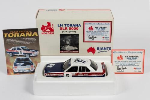 TORANA: A 1:18 scale Biante Holden LH Torana SLR 5000 (L34 option) in 1976, #5, with signed COA by Brock numbered 4746/6000, roof signed by Brock, missing right rear view mirror, in fitted box, box faded