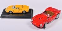 FERRARI: Two 1:18/1:25 scale Bburago Ferrari 250 Le Mans 1965, yellow, mounted in plastic base and Ferrari 250 Testa Rossa 1957, red, no box