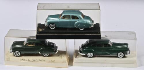 CHEVROLET/CHRYSLER: Three 1:43 scale Solido Chevrolet 1950 Sedan 4508/Chrysler Windsor 4513, made in France, in perspex case