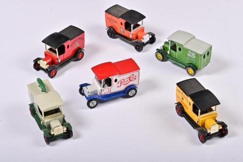 FORD: Six 1:43 scale Matchbox COMMERCIAL vehicles Ford model T 1912, mixed of brands as PepsiCola/Colmans/Hoover/Royal Mail, no box
