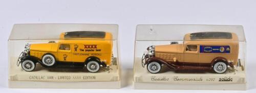 CADILLAC: Two 1:43 scale Solido Cadillac Van Limited XXXX Edition, Cadillac Commerciale 4060, made in France, in perspex case