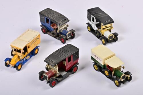 UNIC TAXI AND OTHERS: Five 1:43 scale Matchbox COMMERCIAL vehicles Unic Taxi 1907/Crossley 1973/Renault 1983, slight damaged, Models of Yesteryear, no box