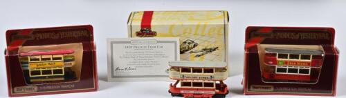 TRAM CAR: Three 1:87 scale Matchbox 1920 Preston Tramway, one of them with COA, in fitted box