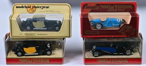 BUGATTI: Four circa 1:43 scale Matchbox 1928 Bugatti T44, ref Y-24/ 1932 Bugatti Type 51, ref Y-11/ 1930 Bugatti Royale, ref Y45/ 1928 Bugatti T44, ref YY024, in fitted box