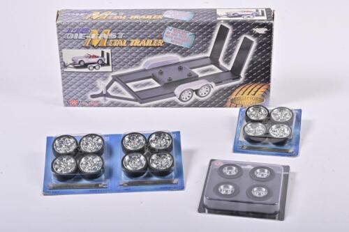 CAR TRAILER/WHEELS: A 1:18 scale Motor Max replica of car trailer with authentic details and four 1:18 scale wheels and tire set, in fitted box