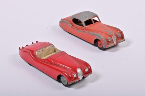 JAGUAR: Two 1:43 approx scale Jaguar Sport XK120 by Micro Models, missing painted and slight damaged and Jaguar by Dinky Toys, faded painted, no box