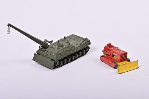 TANK/BULLDOZER: A Dinky Toys Leopard Recovery Tank #699, Tank Has Some Small Paint Chips Otherwise In Good Used Condition and Matchbox Bulldozer Super Kings, small paint chips, no box