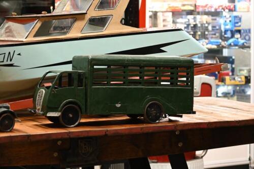 PANHARD TRUCK: A lovely large circa 1950s aluminium scratch built horse float truck believed to be a French Panhard. with sprung leaf suspension and active steering, 66cm long, 26cm high (Updated Photos)