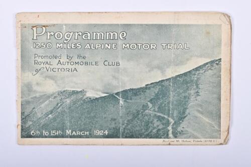 ALPINE RALLY: An interesting and original March 1924 'Programme 1250 MILES ALPINE MOTOR TRIAL' programme for Australia's third alpine reliability rally as organised by the ROYAL AUTOMOBILE CLUB of VICTORIA. Rare item. (Updated description)