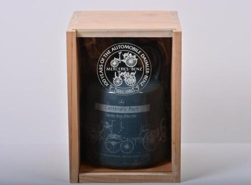 MERCEDES-BENZ: A blue commemorative bottle of Centenary Port celebrating 100 years of 'Daimler-Benz 1886-1986'. Wine made in Australia