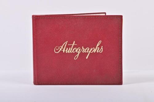 A.T.C.C: A small format, burgundy vinyl covered 'Autographs' booklet with Australian Touring car driver autographs/signatures. Peter Brock, John Harvey, Colin Bond, Larry Perkins, Brad Jones signatures