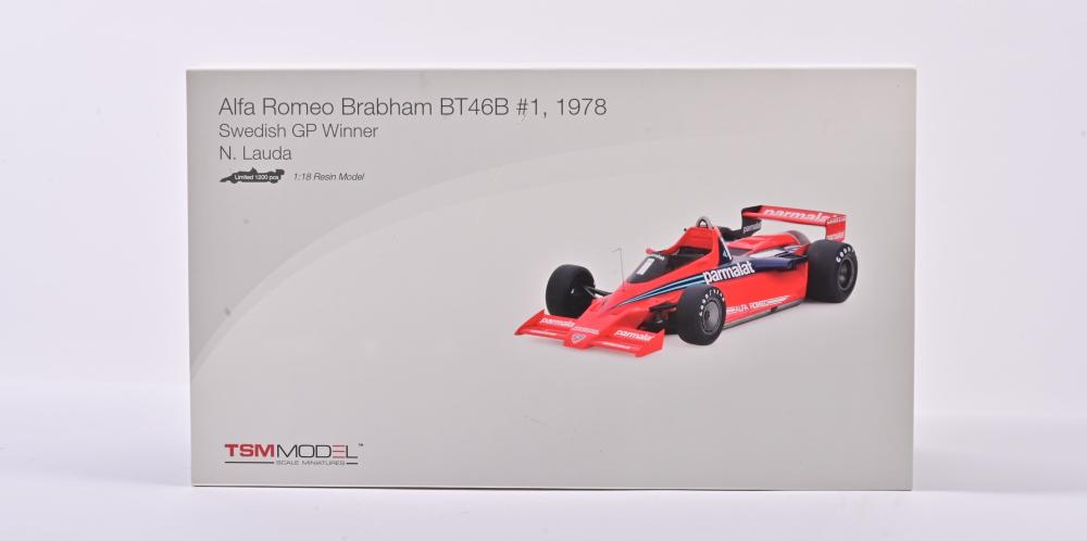 BRABHAM: A 1:18 scale TSM MODEL Alfa Romeo Brabham BT46B #1 'Fan Car', 1978  as raced to victory by Niki Lauda in the 1978 Swedish Grand Prix. Limited  Edition of 1200 pieces - Price Estimate: $ - $