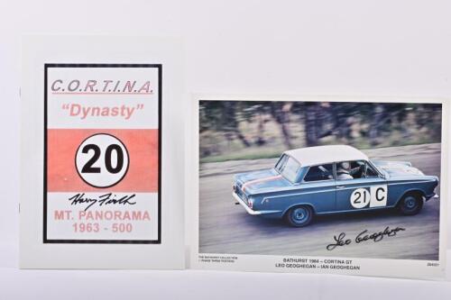 FIRTH/GEOGHEGAN: Two Bathurst related items, 'C.O.R.T.I.N.A. "Dynasty" booklet signed by Harry Firth. Leo Geoghegan signature to 1964 Bathurst Ford Cortina GT picture