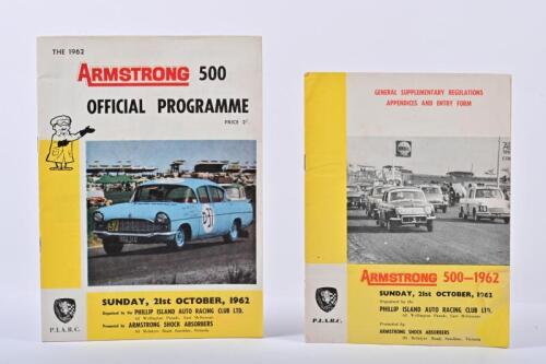 ARMSTRONG 500: Two interesting documents from The 1962 ARMSTRONG 500, Sunday, 21st OCTOBER. 'THE 1962 ARMSTRONG 500 OFFICIAL PROGRAMME' signed by race winners Harry Firth & Bob Jane