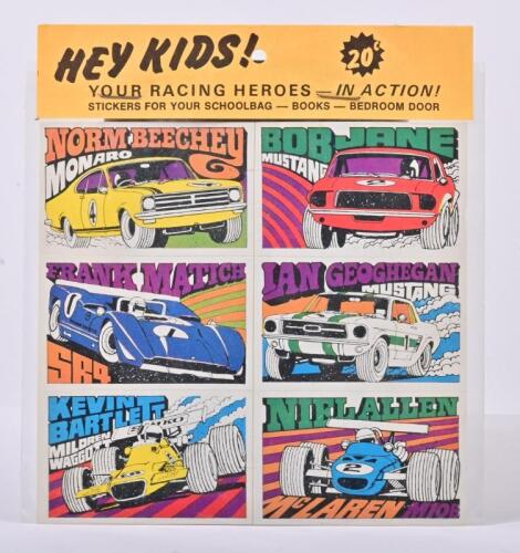 A.T.C.C. DRIVER STICKER SET: An original 'HEY KIDS! YOUR RACING HEROES - IN ACTION' sticker set. Stickers for Norm Beechey (Monaro), Frank Matich (SR4), Niel Allen (McLAREN). Circa 1960's