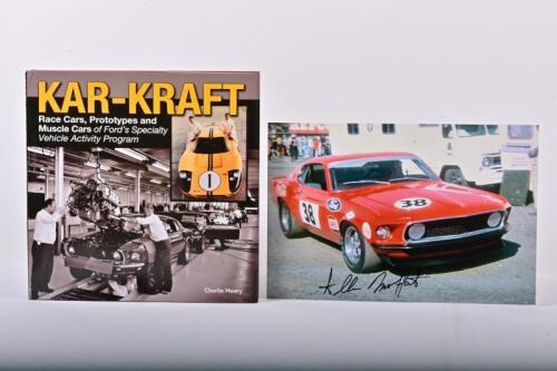MOFFAT: Two Allan Moffat related items. 'KAR-KRAFT - Race Cars, Prototypes and Muscle Cars of Ford's Speciality Vehicle Activity Program' hardcover book by Charlie Henry. Allan Moffat signed Ford Mustang picture