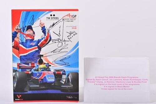 A1 GRAND PRIX: A 2009 A1 grand prix brands hatch race programme. Autographed Cover by Adam Carroll, Jo Ramirez, Jan Lammers and 4 others.