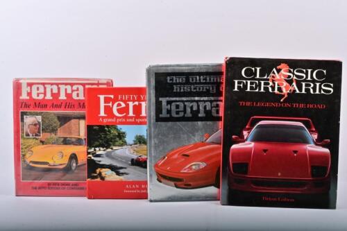 FERRARI: Four hardcover books detailing Ferrari road cars and racing history. 'Ferrari - The Man And His Machines' by Pete Lyons
