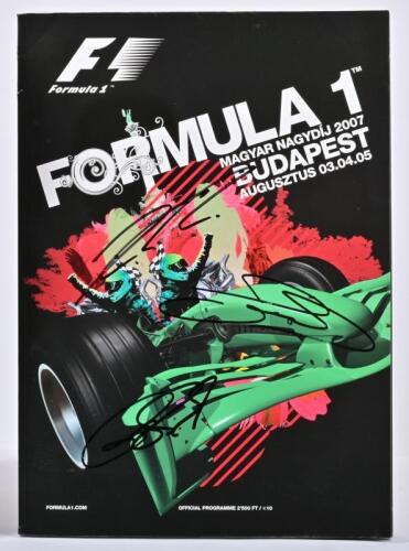 FORMULA 1: A autographed formula 1 race programme&nbsp;from Hungary Budapest 2007&nbsp;GP&nbsp;with front cover autographed by Kimi Raikkonen, Jenson Button, and Ralf Schumacher.