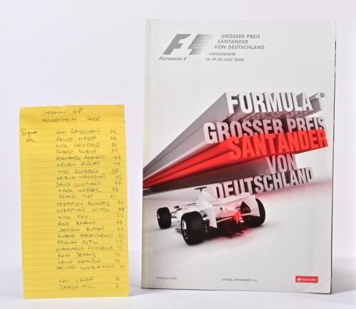 FORMULA 1: A autographed formula 1 race programme from the 2008 Hockenheim GP. Autographed on respective drivers pages by Fernando Alonso, David Couthard, Mark Webber, Jenson Button and 20 others.&nbsp;