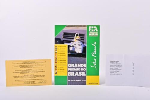 FORMULA 1: A autographed race programme from the 1993 Brazilian Sao Paulo GP. Autographed by Ayrton Senna, Michael Andretti and 6 others with COA.