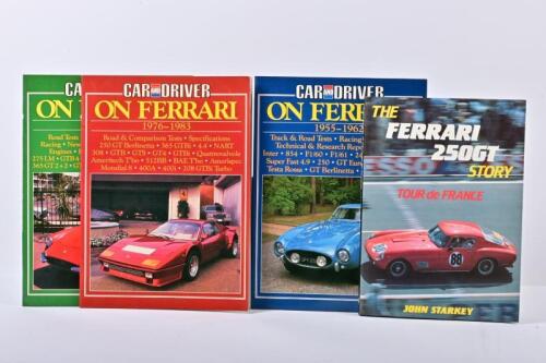 FERRARI: Four publications relating to Ferrari. 'FERRARI 250GT - TOUR DE FRANCE' hardcover book by John Starkey & CAR and DRIVER 'ON FERRARI' softcover publications